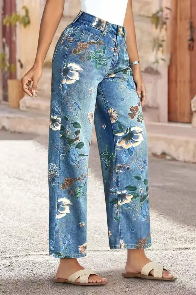 yoeasy Women's Straight Leg Jeans High Rise Vintage Floral Printed Wide Leg Trendy Stretchy Baggy Casual Denim Pants (Medium, Light Blue) - Image 3