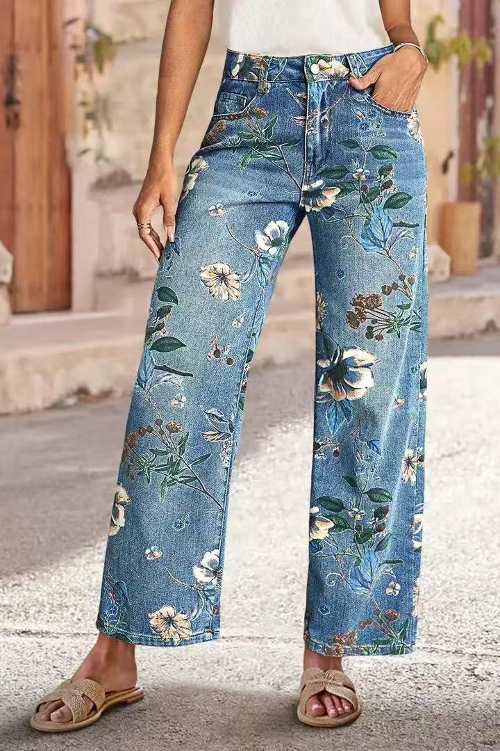yoeasy Women's Straight Leg Jeans High Rise Vintage Floral Printed Wide Leg Trendy Stretchy Baggy Casual Denim Pants (Medium, Light Blue) - Image 2