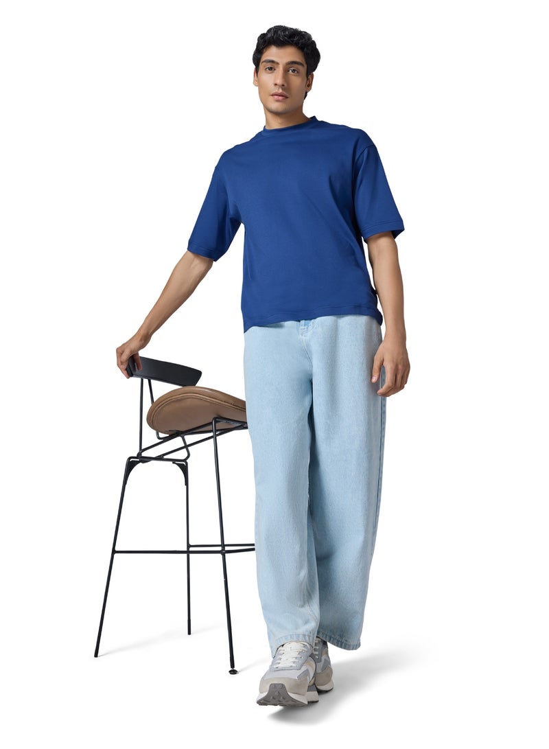 XYXX Drift Oversized Tshirt for Men | 100% Combed Cotton | Solid Roundneck Drop Shoulders Half-Sleeve T Shirt Navy Peony - Image 2