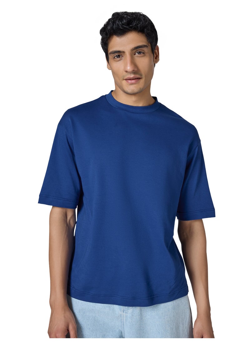 XYXX Drift Oversized Tshirt for Men | 100% Combed Cotton | Solid Roundneck Drop Shoulders Half-Sleeve T Shirt Navy Peony - Image 1