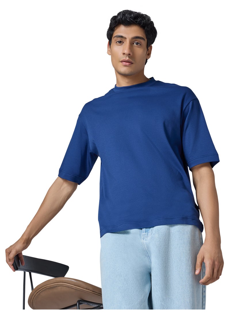 XYXX Drift Oversized Tshirt for Men | 100% Combed Cotton | Solid Roundneck Drop Shoulders Half-Sleeve T Shirt Navy Peony - Image 4