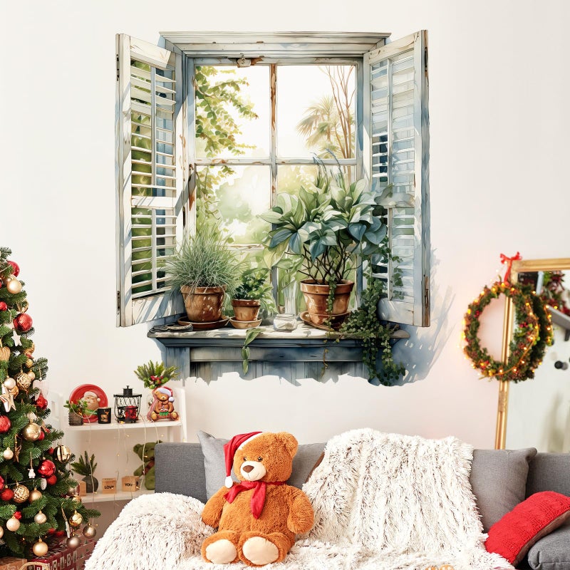 DRWSSR 3D Creative Fake Window Wall Sticker Removable DIY Romantic Green Plants Wall Stickers Peel and Stick Vinyl Trees Natural Scenery Fake Window Wall Decal for Bedroom Living Room Decoration - Image 1