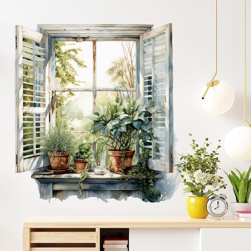 DRWSSR 3D Creative Fake Window Wall Sticker Removable DIY Romantic Green Plants Wall Stickers Peel and Stick Vinyl Trees Natural Scenery Fake Window Wall Decal for Bedroom Living Room Decoration - Image 5
