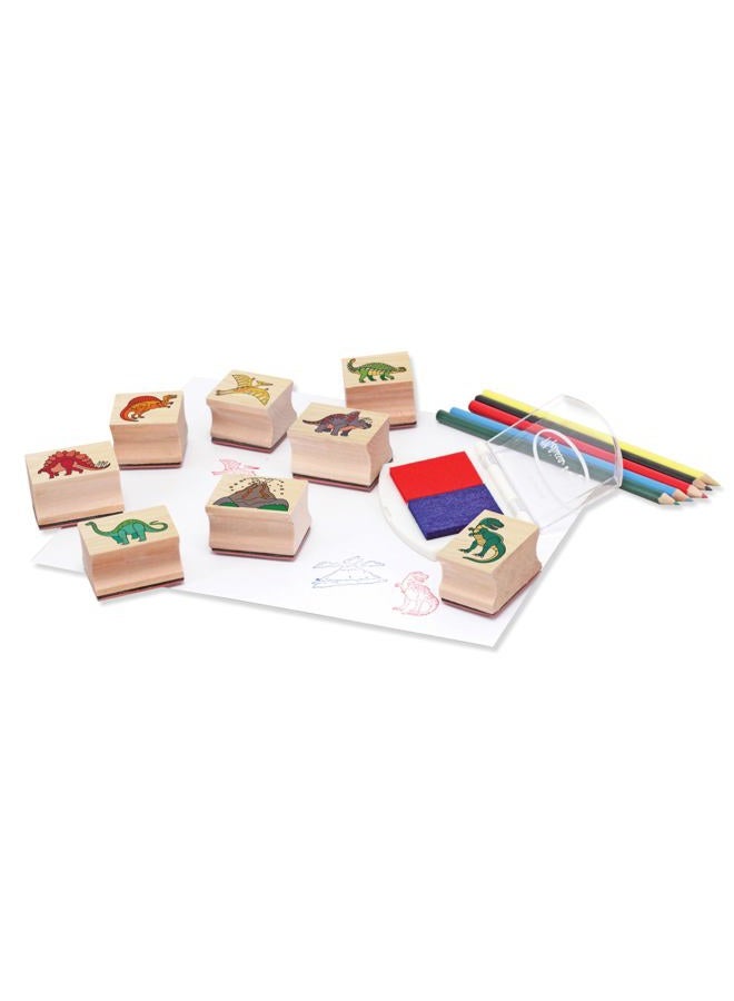 Melissa & Doug Wooden Stamp Set: Dinosaurs - 8 Stamps, 5 Colored Pencils, 2-Color Stamp Pad Kids Arts And Crafts, Washable Ink Pads For Kids, Dinosaur Stamps For Ages 4+ - FSC-Certified  - Image 4