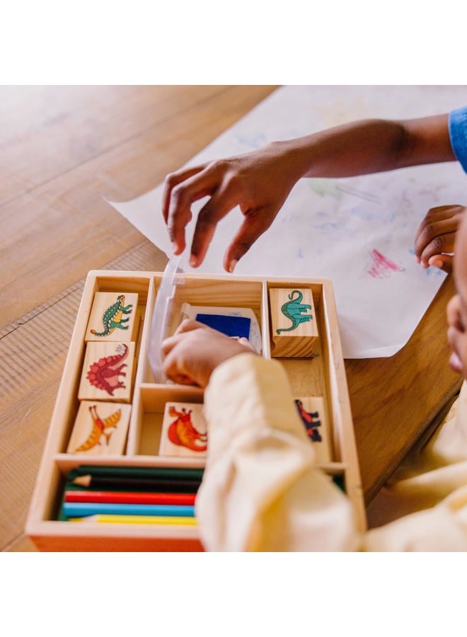 Melissa & Doug Wooden Stamp Set: Dinosaurs - 8 Stamps, 5 Colored Pencils, 2-Color Stamp Pad Kids Arts And Crafts, Washable Ink Pads For Kids, Dinosaur Stamps For Ages 4+ - FSC-Certified  - Image 5