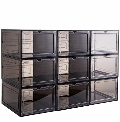 Attelite XLarge Clear Plastic Shoe Boxes  Stackable Shoe Organizer with Magnetic Door Drop Front Display Box 9 Pack Clear Black