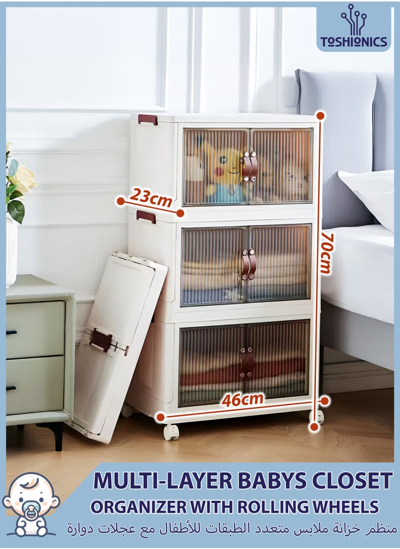 Toshionics 3-Tier Baby Closet Organizer-46x70x23 cm Portable Plastic Storage Bins Stackable Cabinet with Rolling Wheels Collapsible Rolling Organizer for Baby Infants Kids Toddlers Nursery Organization Room Storage Solution  Clothes Essentials Diapers Blankets Playroom Toys Dustproof Foldable and Lightweight Wardrobe Home Storage Rack with Wheels  - Image 1