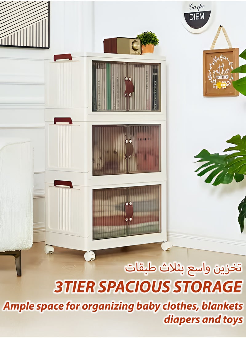 Toshionics 3-Tier Baby Closet Organizer-46x70x23 cm Portable Plastic Storage Bins Stackable Cabinet with Rolling Wheels Collapsible Rolling Organizer for Baby Infants Kids Toddlers Nursery Organization Room Storage Solution  Clothes Essentials Diapers Blankets Playroom Toys Dustproof Foldable and Lightweight Wardrobe Home Storage Rack with Wheels  - Image 2
