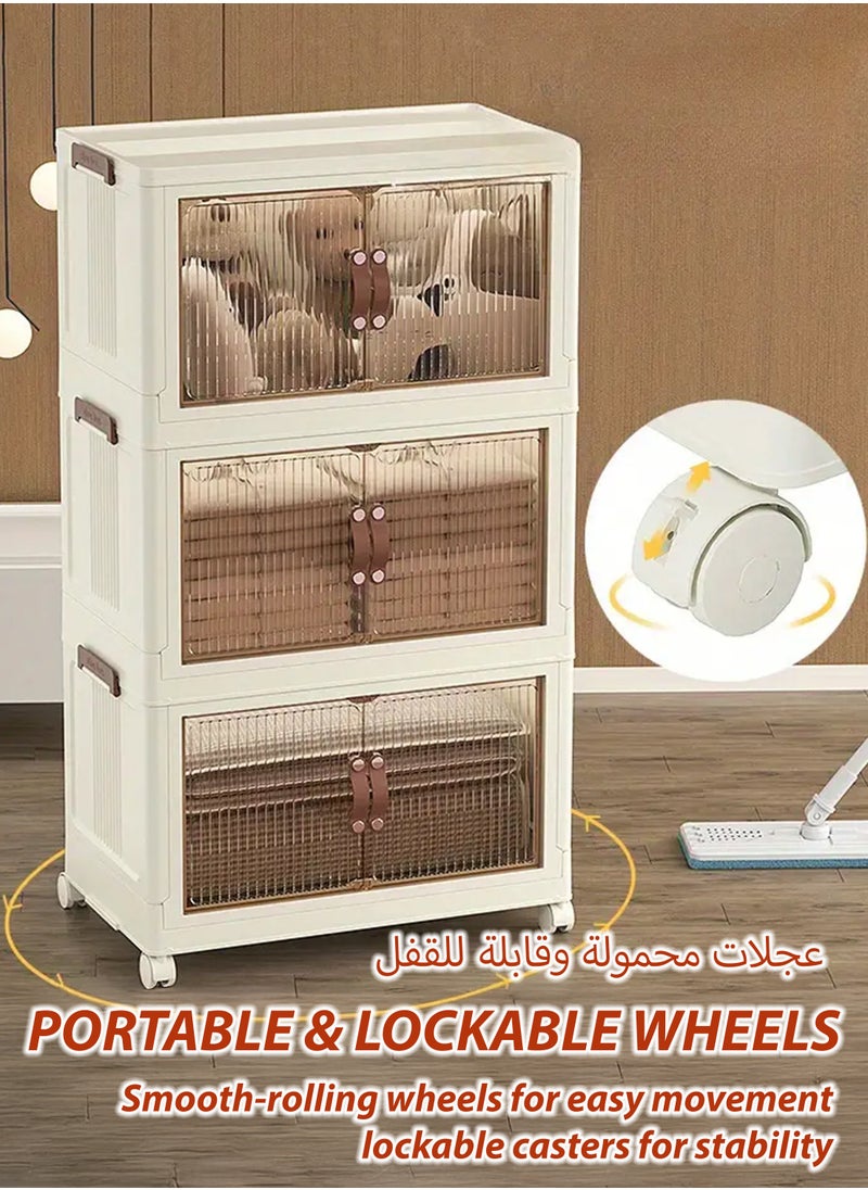 Toshionics 3-Tier Baby Closet Organizer-46x70x23 cm Portable Plastic Storage Bins Stackable Cabinet with Rolling Wheels Collapsible Rolling Organizer for Baby Infants Kids Toddlers Nursery Organization Room Storage Solution  Clothes Essentials Diapers Blankets Playroom Toys Dustproof Foldable and Lightweight Wardrobe Home Storage Rack with Wheels  - Image 3