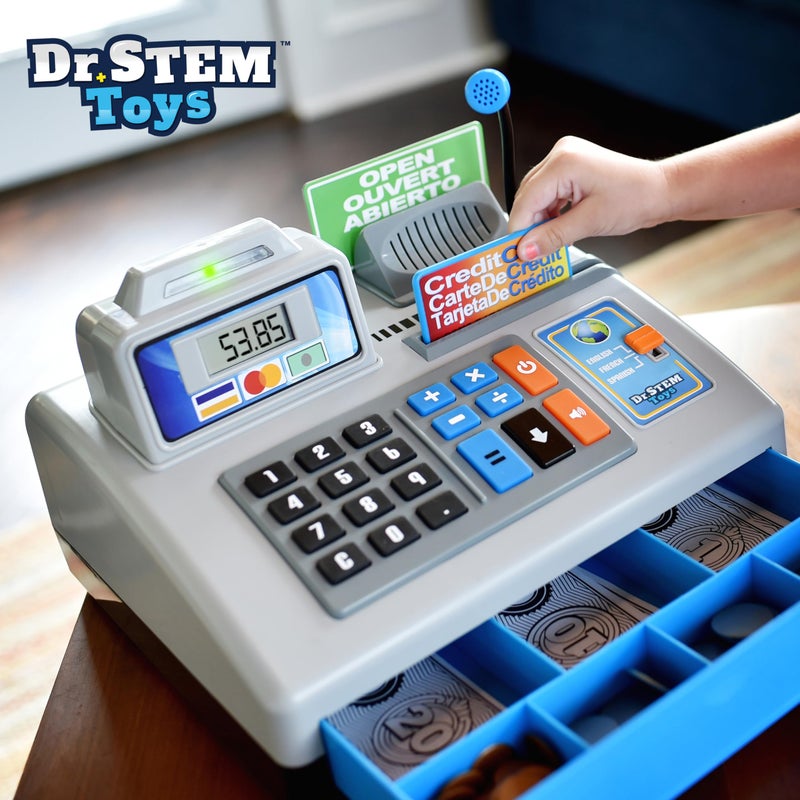 Dr. STEM Toys Dr STEM Toys  Talking Toy Cash Register  STEM Learning 69 Piece Pretend Store with 3 Languages Paging Microphone Credit Card Bank Card Play Money and Banking for Kids Silver - Image 3