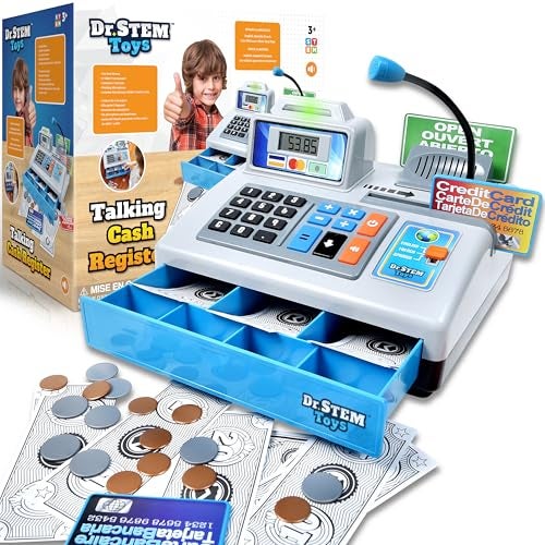 Dr. STEM Toys Dr STEM Toys  Talking Toy Cash Register  STEM Learning 69 Piece Pretend Store with 3 Languages Paging Microphone Credit Card Bank Card Play Money and Banking for Kids Silver - Image 1