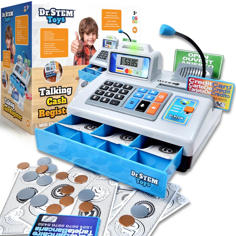 Dr. STEM Toys Dr STEM Toys  Talking Toy Cash Register  STEM Learning 69 Piece Pretend Store with 3 Languages Paging Microphone Credit Card Bank Card Play Money and Banking for Kids Silver - Image 2