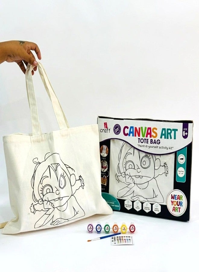 iCraft DIY Canvas Tote Bag Painting Kit for Kids & Adults - Complete Art & Craft Set with Pure White Cotton Bag, 6 Vibrant Chalk Paints, Brush & Color Guide (Cartoon) - Image 1