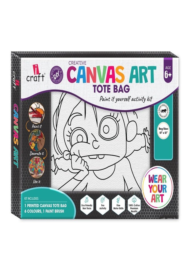 iCraft DIY Canvas Tote Bag Painting Kit for Kids & Adults - Complete Art & Craft Set with Pure White Cotton Bag, 6 Vibrant Chalk Paints, Brush & Color Guide (Cartoon) - Image 3