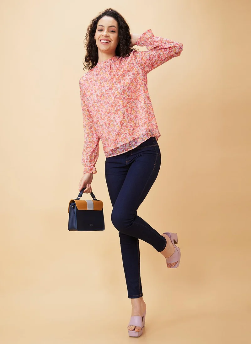 globus Globus Women Orange Floral Printed High Neck Gathered Detailed Regular Top