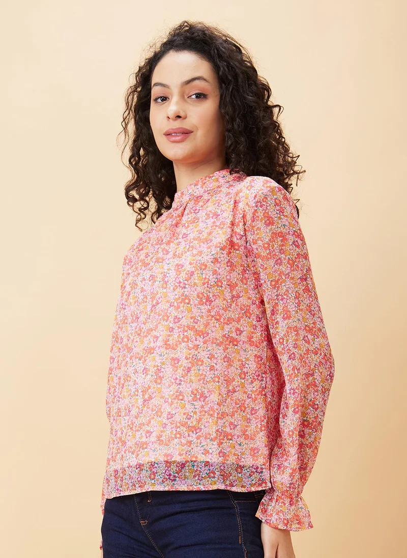 globus Globus Women Orange Floral Printed High Neck Gathered Detailed Regular Top