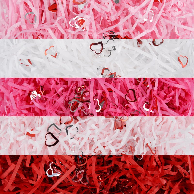 Qumenan Valentine Shredded Paper Filler 11.5 oz (330g) Raffia Paper with Red & Silver Heart Confetti, 5-Color Gift Basket & Box Filler for Valentineâ€™s Day Wrapping & Party Decor - Image 1