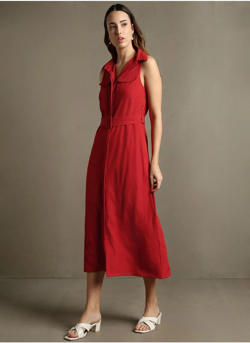 Dennis Lingo Women's Rust Orange 100% Polyester Solid Regular Fit Dress