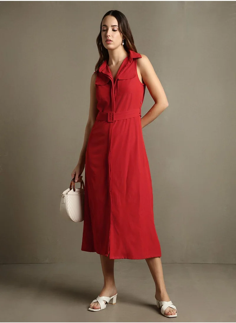 Dennis Lingo Women's Rust Orange 100% Polyester Solid Regular Fit Dress
