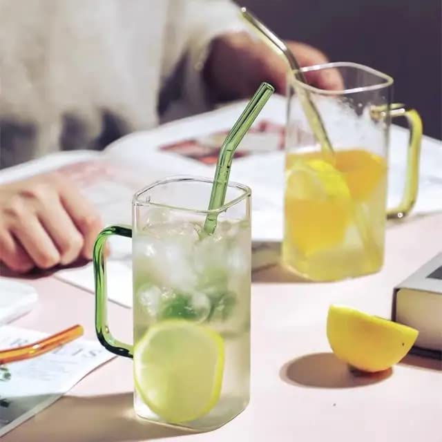 KAMVY Glass Coffee Mugs with Colored Handle Set of 2 Clear 400ml Drinking Glasses with Glass Straw and Lid Iced Tea Cups for Coffee Milk Tea Juice Beer or Hot Beverages - Image 2