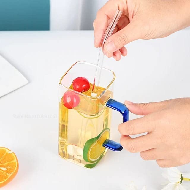 KAMVY Glass Coffee Mugs with Colored Handle Set of 2 Clear 400ml Drinking Glasses with Glass Straw and Lid Iced Tea Cups for Coffee Milk Tea Juice Beer or Hot Beverages - Image 5