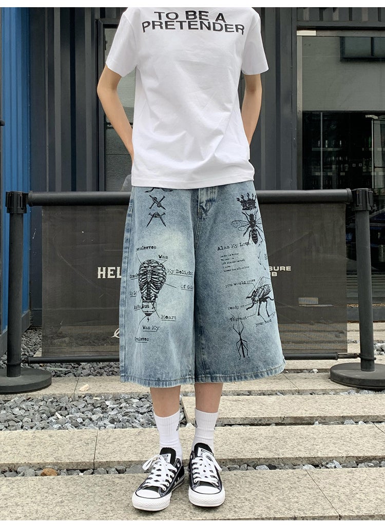 Generic - American Style Trendy Graffiti Design Sensibility Nichedenim Shorts For Men Loose Fit Versatile Seven-half Pants Summer Season Blue - Image 1