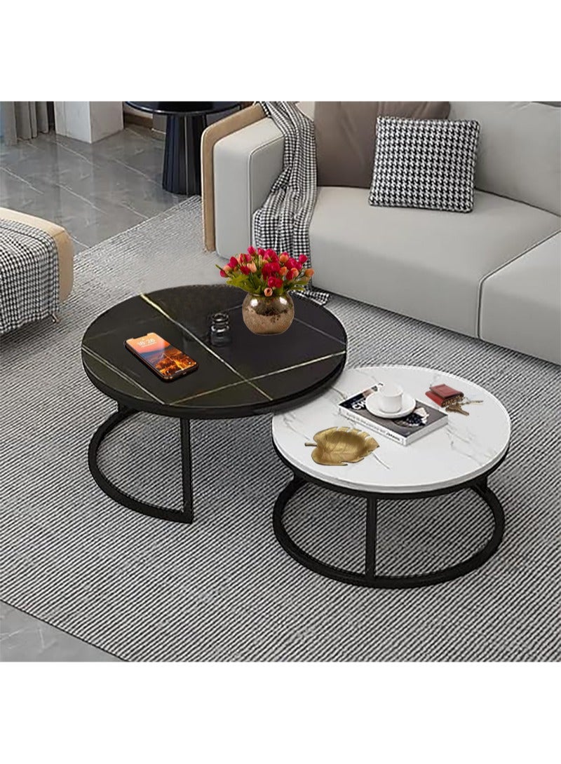 AGD 2 Pieces Table Set, Round Nesting Storage Coffee Tables with Open Shelf Simple Marble Design for Living Room Office 70x70x45cm, 50x50x40cm - Image 2
