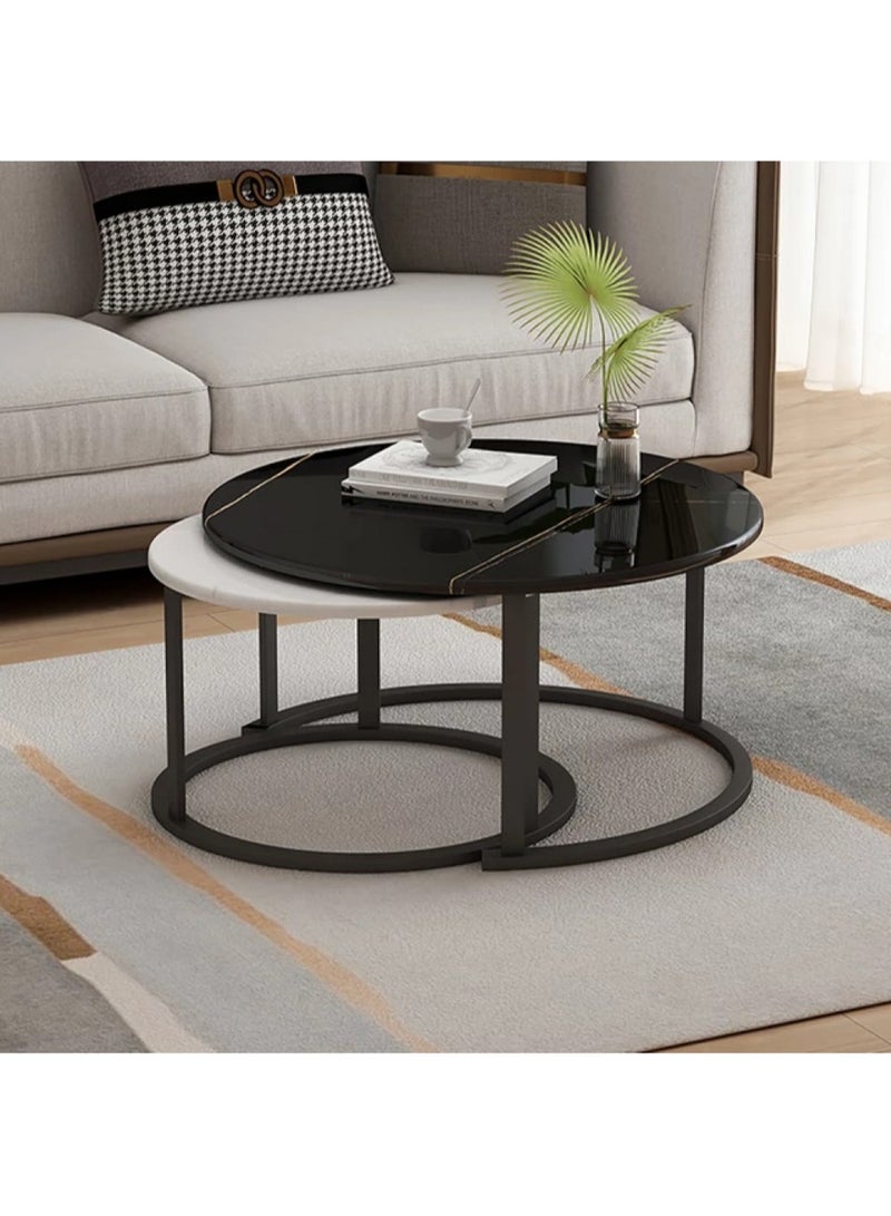 AGD 2 Pieces Table Set, Round Nesting Storage Coffee Tables with Open Shelf Simple Marble Design for Living Room Office 70x70x45cm, 50x50x40cm - Image 3