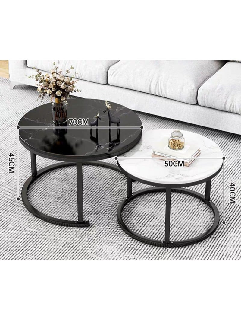 AGD 2 Pieces Table Set, Round Nesting Storage Coffee Tables with Open Shelf Simple Marble Design for Living Room Office 70x70x45cm, 50x50x40cm - Image 5