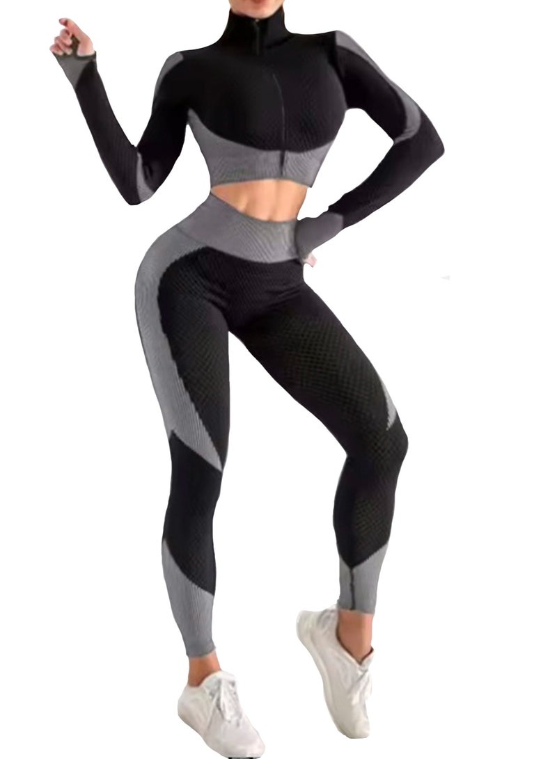 SOLOBUY Breathable Fitness Yoga Set, Gym, Zipper Top, Athletic, Sports, Outfit High Waist Leggings, Color Black, 1 Piece - Image 1