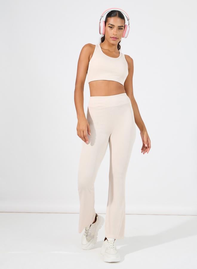 Styli Ribbed Racerback Longline Sports Bra & Flared Leggings Set  - Image 1