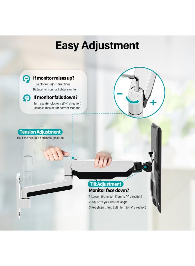 MOUNT PRO Dual Monitor Wall Mount for 13 to 32 Inch Computer Screens, Gas Spring Wall Monitor Arm for 2 Monitors, Each Holds Up to 17.6lbs, Adjustable Wall Monitor Mount with VESA 75x75/100x100, White - Image 2