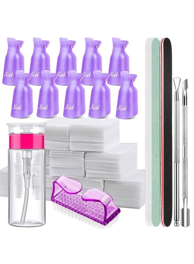 FANDAMEI Nail Polish Gel Remover Tools Kit, 10 Pcs Purple Nail Clips, 100ml Nail Polish Remover Bottle, 500 Pcs Remover Cotton Pad, Nail Brush, Cuticle Pusher, Cuticle Peeler, Nail File, Buffer Block - Image 1