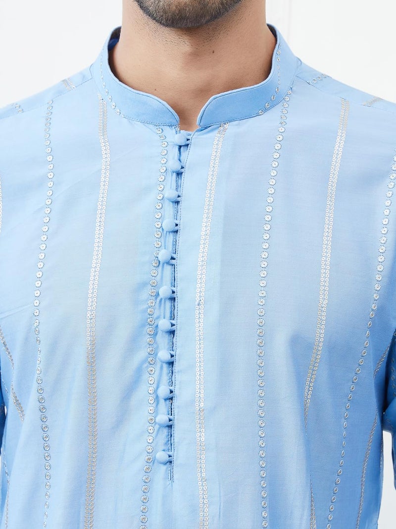 See Designs Turquoise Blue Cotton Regular Fit Embellished Kurta Mandarin Collar Long Sleeves_SDKT1444L - Image 2