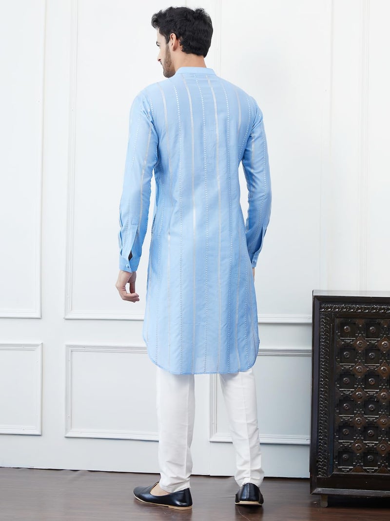 See Designs Turquoise Blue Cotton Regular Fit Embellished Kurta Mandarin Collar Long Sleeves_SDKT1444L - Image 5