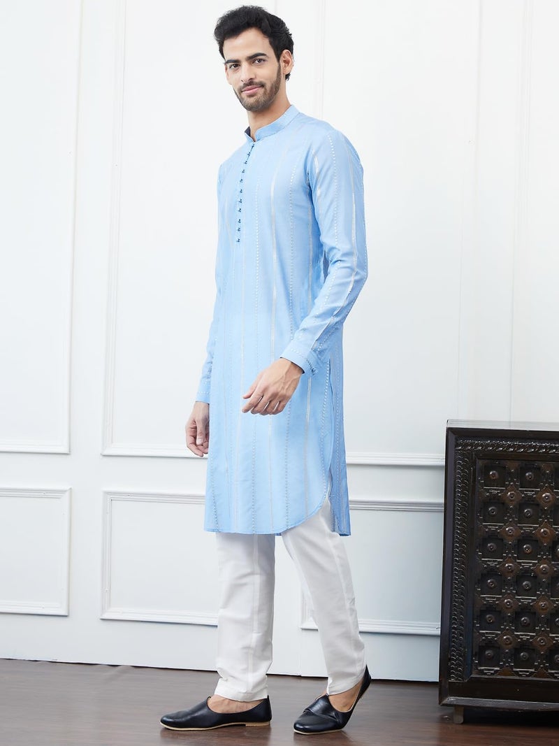 See Designs Turquoise Blue Cotton Regular Fit Embellished Kurta Mandarin Collar Long Sleeves_SDKT1444L - Image 3