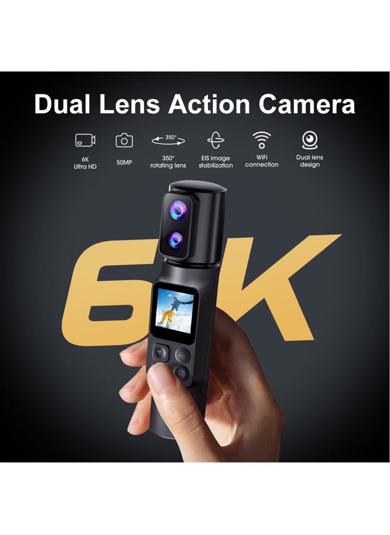 AUSEK 6K Action Camera, WIFI Dual Lens Pocket Camera, 350° Rotating Lens, 50MP Vlogging Camera, 2600mAh+2600mAh Battery, 6-Axis Stabilizer, Touch Screen, Support Time-Lapse Recording/Slow Motion/Pre-Recording  - Image 2