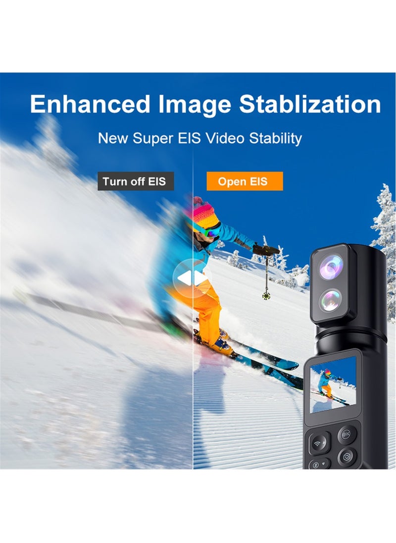 6K Action Camera, WIFI Dual Lens Pocket Camera, 350° Rotating Lens, 50MP Vlogging Camera, 2600mAh+2600mAh Battery, 6-Axis Stabilizer, Touch Screen, Support Time-Lapse Recording/Slow Motion/Pre-Recording