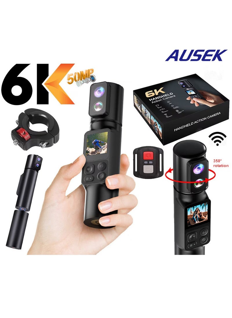 AUSEK 6K Action Camera, WIFI Dual Lens Pocket Camera, 350° Rotating Lens, 50MP Vlogging Camera, 2600mAh+2600mAh Battery, 6-Axis Stabilizer, Touch Screen, Support Time-Lapse Recording/Slow Motion/Pre-Recording  - Image 1