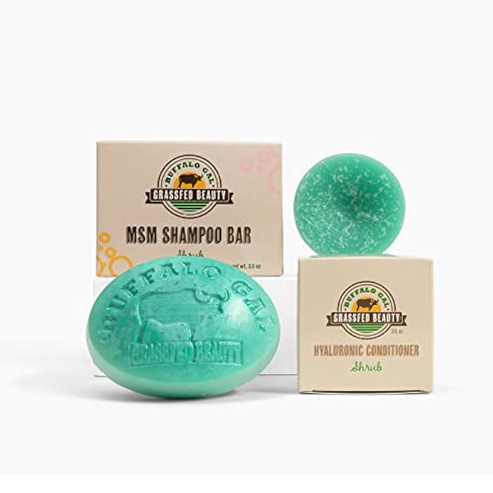 BUFFALO GAL MSM and Tallow Shampoo Bar + Hyaluronic and Tallow Hair Conditioner Bar, Solid Bar Shampoo and Conditioner for Hair Growth, Non-Soap, For All Hair Types, Shrub, Set of 2 - Image 1