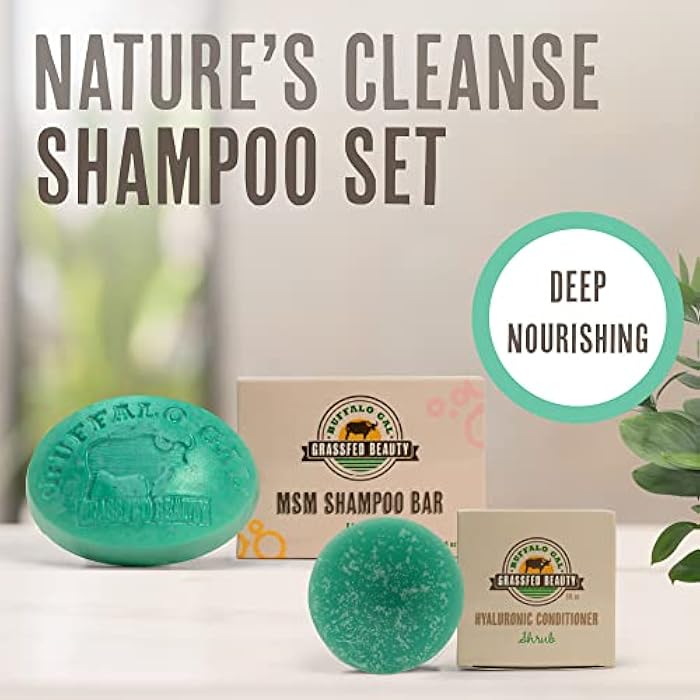BUFFALO GAL MSM and Tallow Shampoo Bar + Hyaluronic and Tallow Hair Conditioner Bar, Solid Bar Shampoo and Conditioner for Hair Growth, Non-Soap, For All Hair Types, Shrub, Set of 2 - Image 2