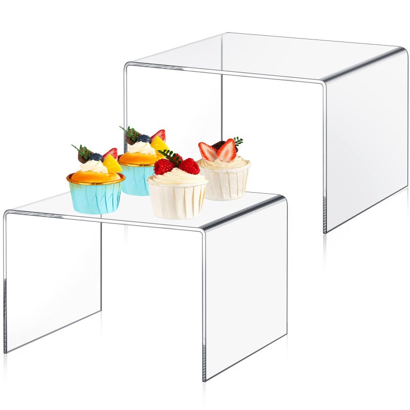 RattanView 2 Pcs 8 Inch Large Acrylic Risers Display Stands 5 mm Thick Acrylic Shelf Riser Showcase for Collectibles Jewelry Cupcakes Food Figures Perfume Cabinet (Clear) - Image 1