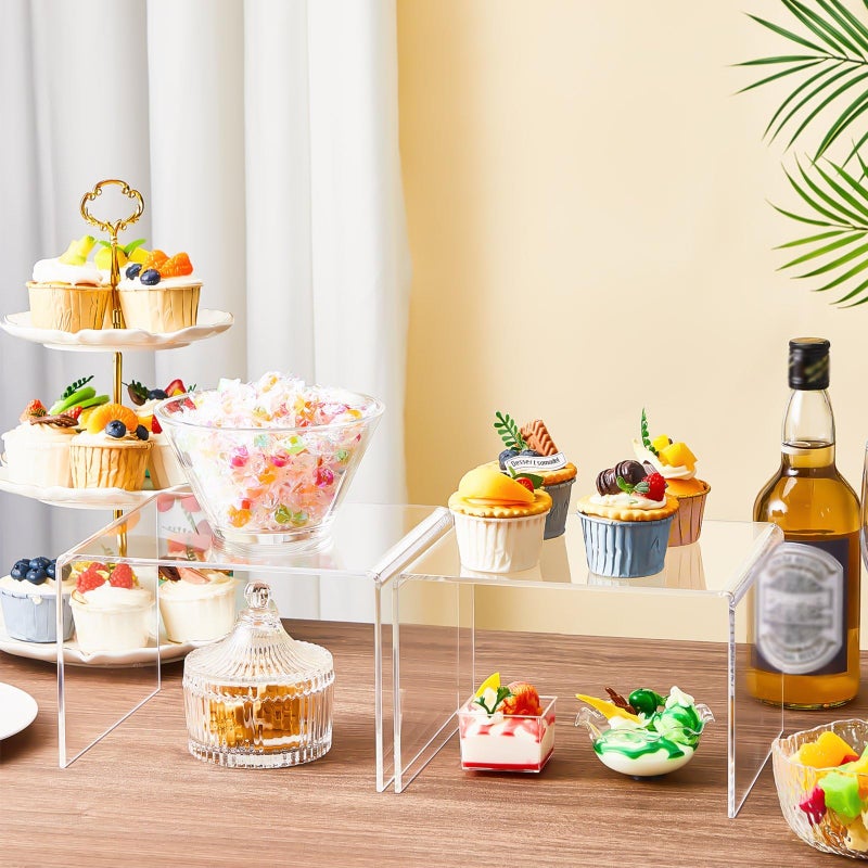 RattanView 2 Pcs 8 Inch Large Acrylic Risers Display Stands 5 mm Thick Acrylic Shelf Riser Showcase for Collectibles Jewelry Cupcakes Food Figures Perfume Cabinet (Clear) - Image 3