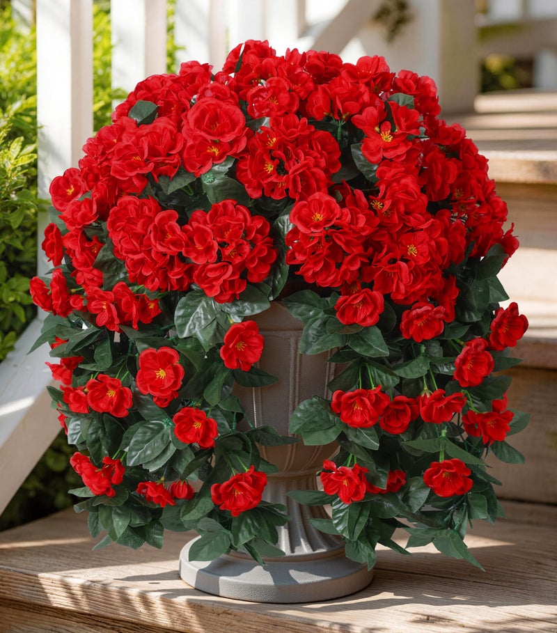 Ivydale Fake Geraniums Artificial Flowers for Outdoors Summer Decor 2 PCS Red Faux Hanging Flowers Outdoor Plants Realistic Silk Geraniums Vines UV Resistant for Outside Planters Porch Patio Garden - Image 2