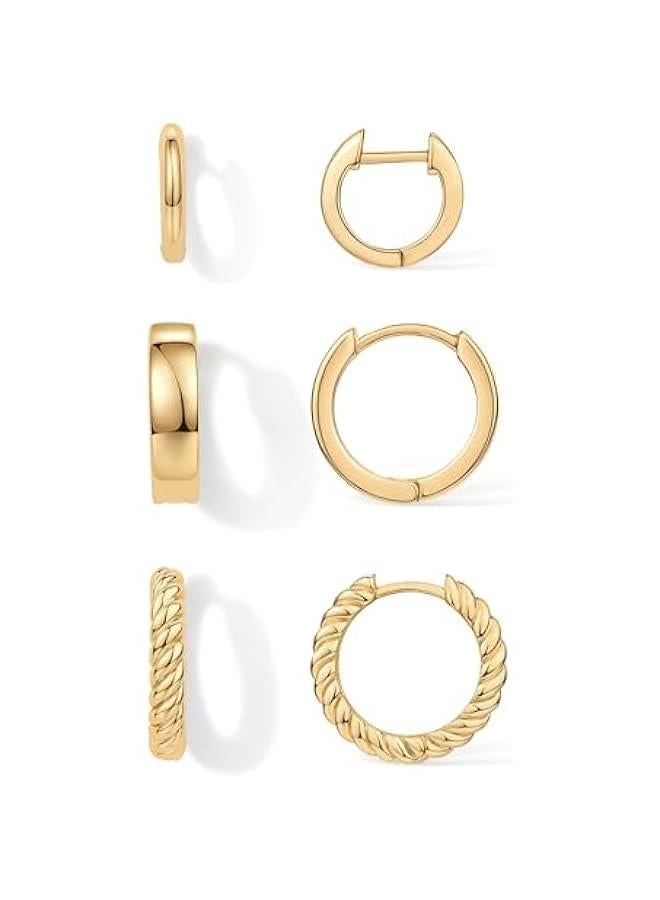 PAVOI 14K-18K Yellow Gold Plated Sterling Silver Posts Three Pairs Small Hoop Earrings for Women - Statement Gold Hoop Earrings Set - Cubic Zirconia Rope Teardrop Chunky Huggie Earscape Piercings  - Image 1