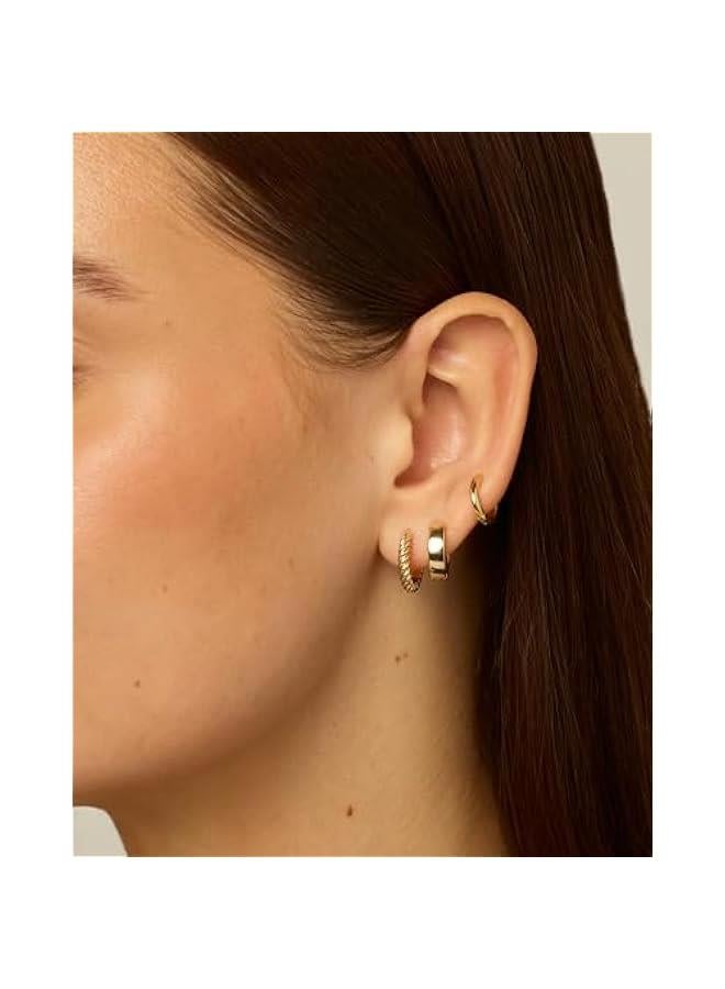 PAVOI 14K-18K Yellow Gold Plated Sterling Silver Posts Three Pairs Small Hoop Earrings for Women - Statement Gold Hoop Earrings Set - Cubic Zirconia Rope Teardrop Chunky Huggie Earscape Piercings  - Image 2