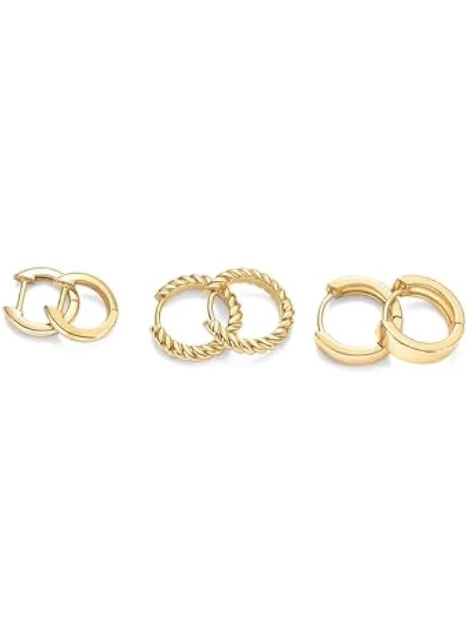 PAVOI 14K-18K Yellow Gold Plated Sterling Silver Posts Three Pairs Small Hoop Earrings for Women - Statement Gold Hoop Earrings Set - Cubic Zirconia Rope Teardrop Chunky Huggie Earscape Piercings  - Image 3