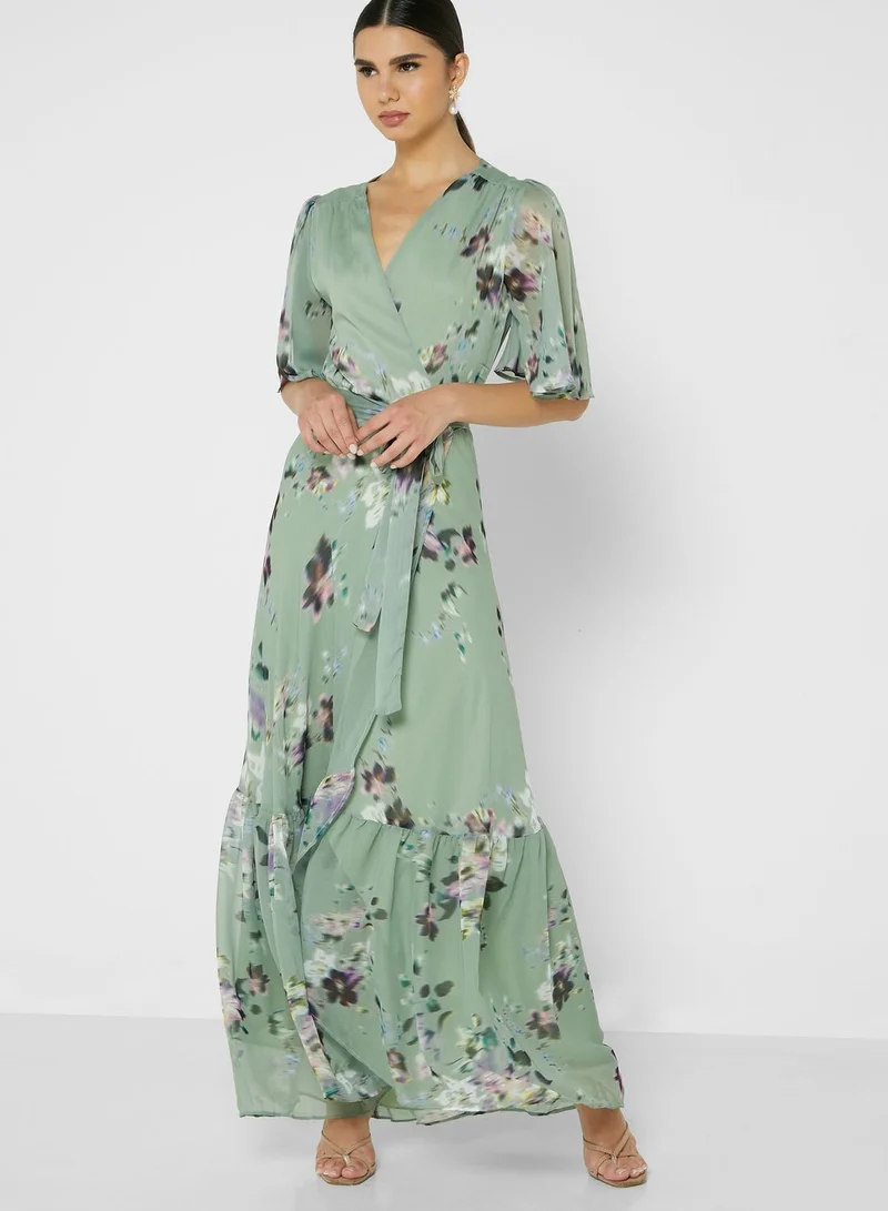 Flutter Sleeve Maxi Wrap Dress With Tie Waist