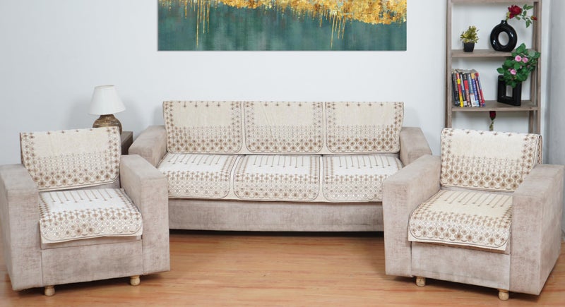 MORADO Chenille Printed Non Slip Sofa Seat Cover Set for 3+1+1 Seater Sofa | Washable Furniture Protector - Offwhite - Image 1