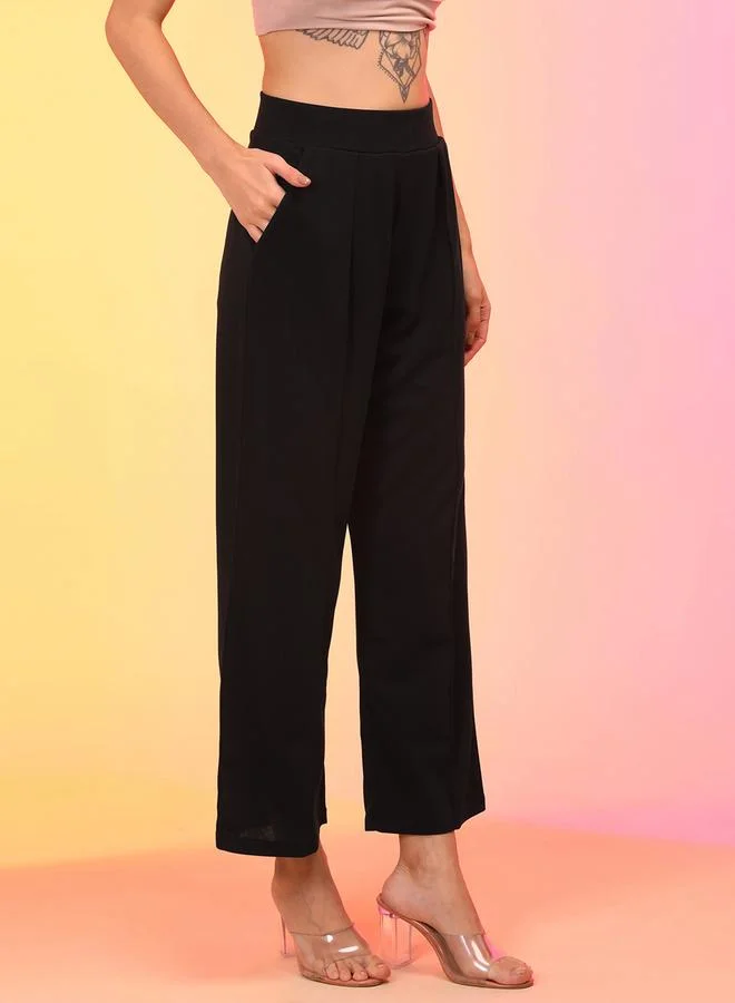 globus Women Black Pleated Wide Leg Trousers